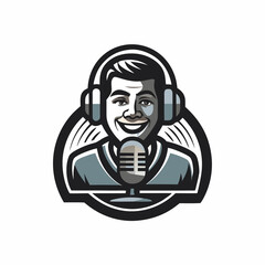 A person recording a podcast emblem. Flat style. Vector illustration.