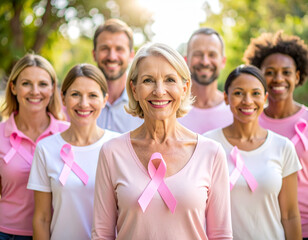 Group of Smiling People Wearing Pink Ribbons for Breast Cancer Awareness in Park