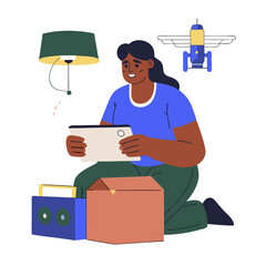A person unboxing new tech image. Flat image isolated on white background. Vector illustration.