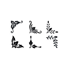 Six black floral corner ornaments with leaves and swirls flourish