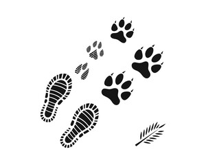 This graphic features a simple, black and white illustration of human footprints, animal paw prints, and a leaf
