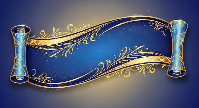 Stunning ornate blue and gold scroll banner with elegant flourishes and sparkling light effects