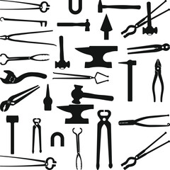Blacksmith Tools Silhouette Set, Forging tools signs collection isolated on white background
