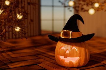 Halloween jack o'lantern wearing a witch hat indoors with warm lighting. 3d rendering