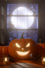 Halloween glowing jack o lanterns with a full moon visible through a window. 3d rendering