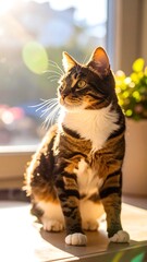 A tabby cat sits by a sunny window