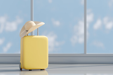 Yellow suitcase with hat ready for travel or vacation at the airport terminal window. 3d rendering