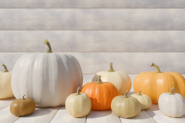 White and orange pumpkins arranged on a white surface for autumn decoration. 3d rendering