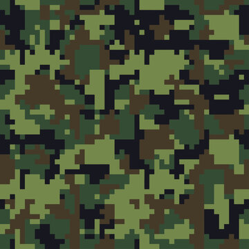 Digital pixel camouflage seamless texture pattern set. Green camouflages. Fabric textile print design