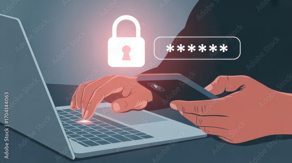 Poster digital security measures: a close-up of person using a laptop and smartphone to access secure data,