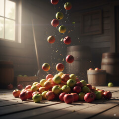 Fresh Apples Falling into a Wooden Barn