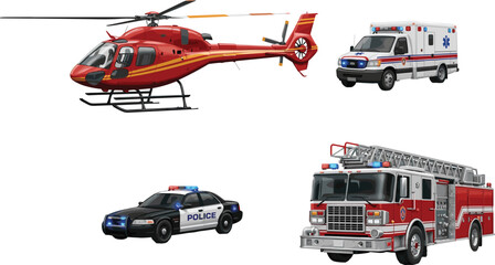 Emergency response vehicles vector set, including police car, fire truck, ambulance, rescue helicopter, detailed isolated illustrations for public safety, transportation, rescue © Momotaj Contributor