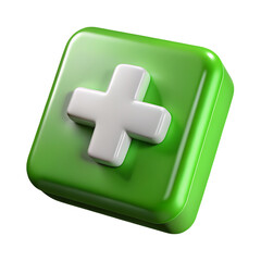 Obraz premium A green square button with a white plus sign isolated on transparent background, representing addition, increase, or positive action