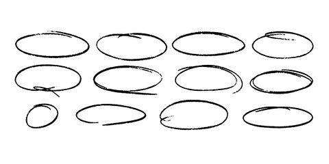 ovals and circles. Ellipses pencil doodle style set. Red round rough thin frames. Round freehand shapes, emphasis highlights. Vector elements for hand drawn diagrams 