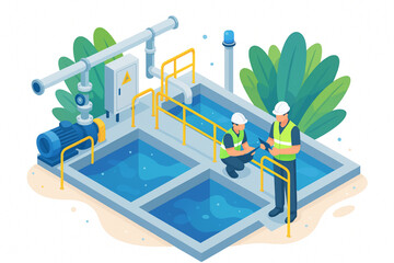 "Water Treatment Plant with Engineers and Filtration System Illustration"
