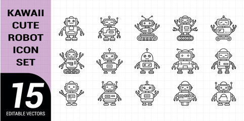 15 kawaii cute robot icon vectors set