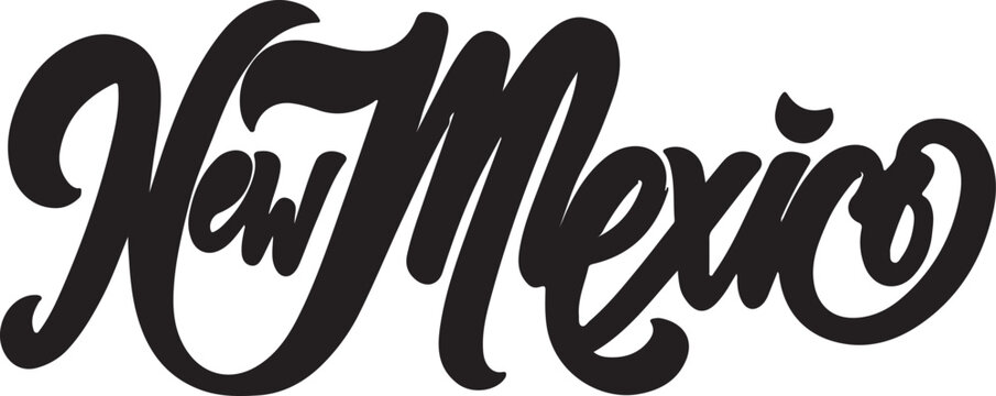 New Mexico with modern culture icon calligraphy style by wave style bold elements in silhouette white background.