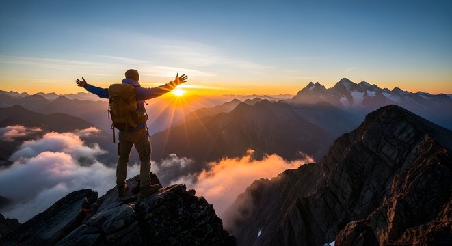 Adventurous hiker celebrates summit success at sunrise with arms outstretched amidst majestic mountain peaks and clouds.