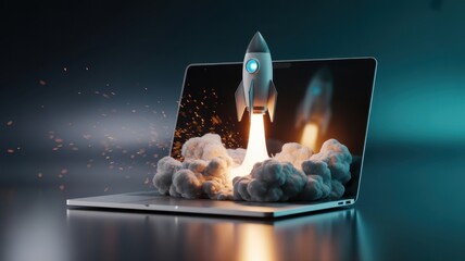Launchpad: A dynamic depiction of a rocket taking off from a laptop screen, symbolizing innovation, technology, and boundless digital potential. 