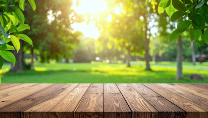 empty wooden table in the park. Space for product display.