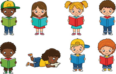 Cartoon illustration of diverse happy children reading books, ideal for education, school design, literacy campaigns, library posters, and learning materials.