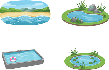 Vector illustration of nature water elements including beach, pond, and pool, perfect for kids’ content, summer themes, and landscape design.