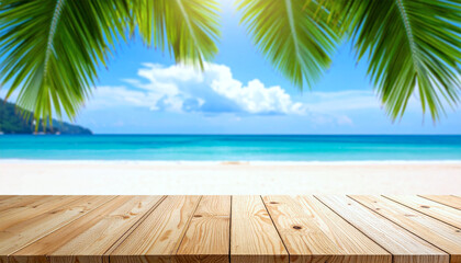 Empty wooden table over blue sea, beach and palm leaves background on summer day. Space for product display.