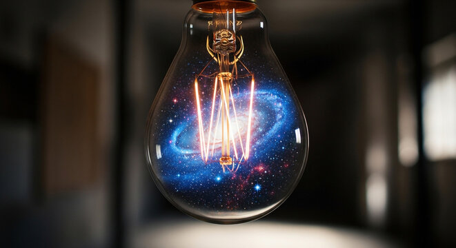 Discover cosmic inspiration a light bulb galaxy, explore the universe of imagination and boundless creativity