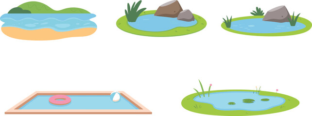 Minimal flat vector illustration of ponds, river, swimming pool, and natural landscapes, perfect for children’s designs, games, and nature-themed content.