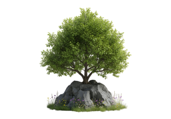 Lush green tree, flourishing atop a substantial rock formation, surrounded by vibrant wildflowers, creates a serene and natural scene.