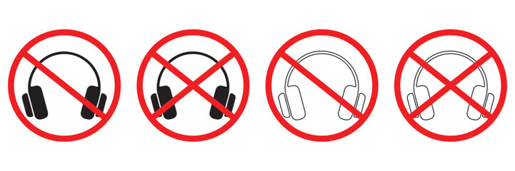 No Headphones Allowed Sign &ndash; Prohibition Symbol with Crossed Out Headphone Icon in Flat Vector