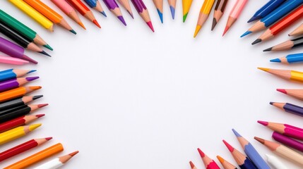Fototapeta premium Colored pencils frame on white background