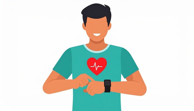Man Wearing Smartwatch With Heartbeat Icon on Shirt.