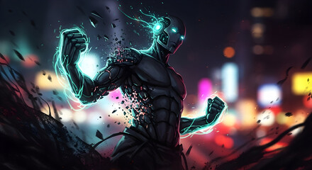 Powerful Cyborg Superhero in Futuristic Cityscape Action Pose