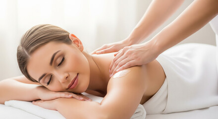 Obraz premium Young Woman Relaxing During Professional Shoulder Massage at Spa – Beauty and Wellness Concept