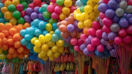 Vibrant cluster of colorful balloons ready for celebration