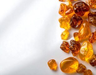 Amber gemstones on white background