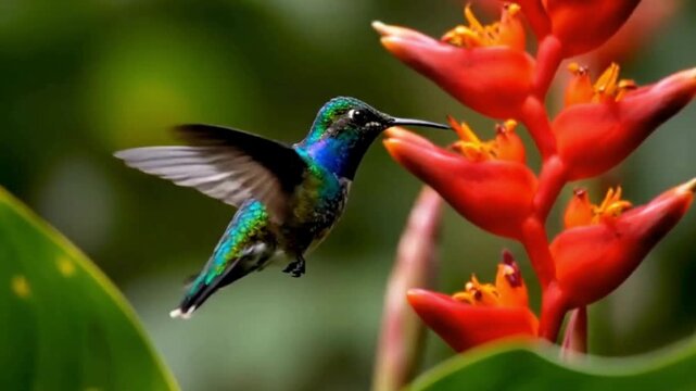 A vibrant green and blue hummingbird hovers in mid-air, feeding on the nectar of a bright red tropical heliconia flower amidst lush green foliage.