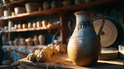 A handcrafted ceramic jug rests on a pottery workshop table.