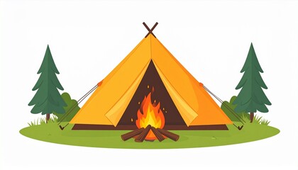 Cozy Camping Scene with Tent and Bonfire in Forest Setting.