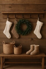 Rustic Christmas Entryway with Stockings and Wreath