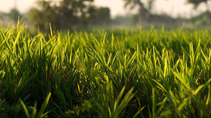 Close up of green grass blades in a field with trees in the blurred background