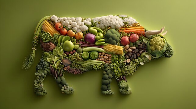 Bull shape food created from various fresh fruit, grains and vegetable on green table. Vegetable diet for World Vegetarian Day. - Powered by Adobe