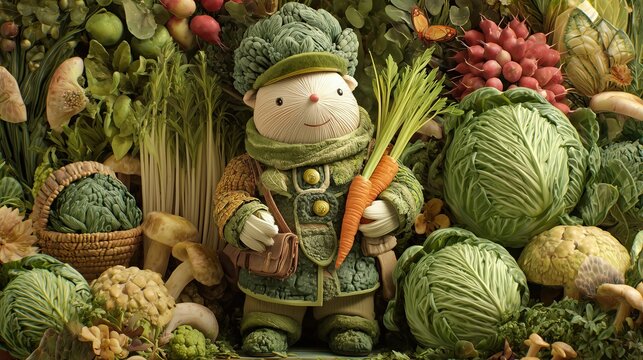 Cute vegetable character with cabbage hat holding carrot. Whimsical depiction of healthy eating. World vegetarian day, organic food concept. - Powered by Adobe