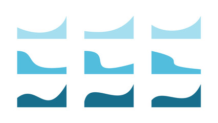 A set of separator shapes for the web page design and header. Blue curved lines of shapes, vector. Modern isolated, minimalistic, flat graphic border element for banners, presentations, labels, frames
