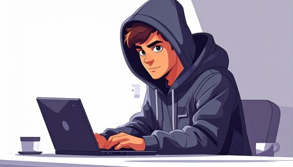Young Hacker Working on Laptop in Hoodie.