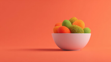 photorealistic depiction of minimalist design featuring bowl of fresh fruits arranged elegantly against clean solid