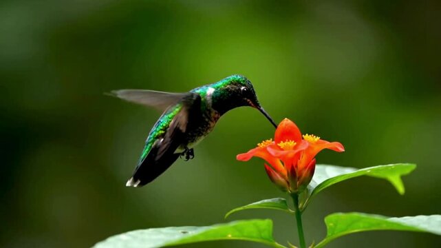 A vibrant green hummingbird hovers in mid-air, its long beak reaching into an orange flower to drink nectar.