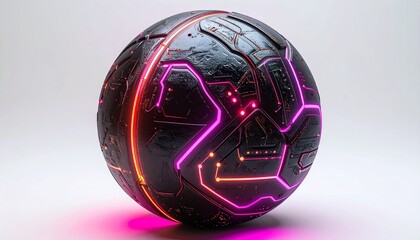 A leather World Cup soccer ball embossed with futuristic neon circuitry patterns, isolated on white backdrop