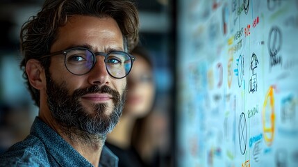 A focused professional man with glasses and beard in an office looking at the  with a background of a whiteboard filled with strategic diagrams and